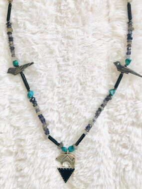 ONYX BEAR PENDANT TURQUOISE, ONYX STERLING BEADED NECKLACE Michael Kirk Stamped